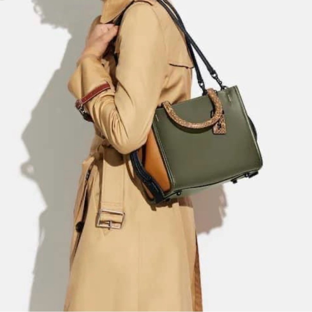 Coach Rogue 25 Army Green Smooth  Leather Satchel with Snakeskin Handles - Picture 7 of 10